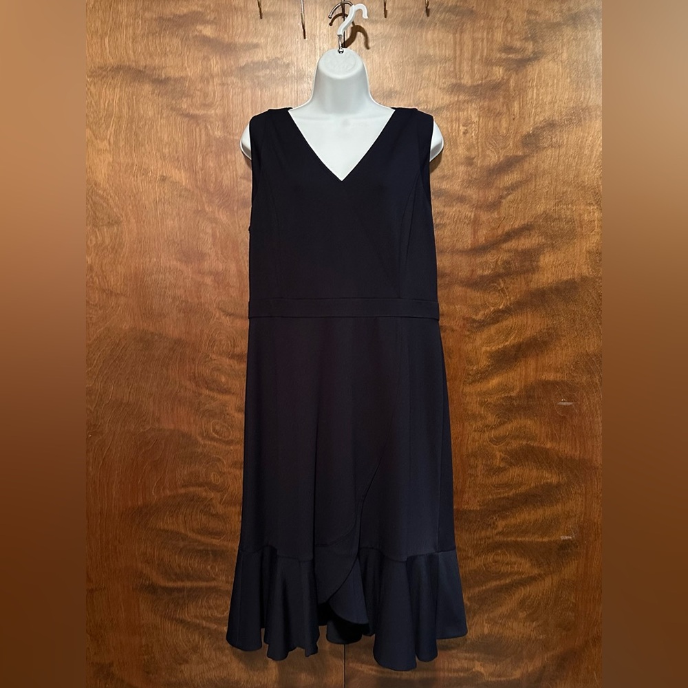 Talbots Sleeveless Flounce Hem Midi Wrap Dress Womens 12 Navy Blue Ponte Sheath